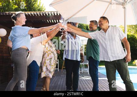 Diversi amici anziani di diversi amici anziani brindano con un drink a bordo piscina, festeggiando insieme all'aperto. Festeggiamenti, anziani, tempo libero, stile di vita Foto Stock