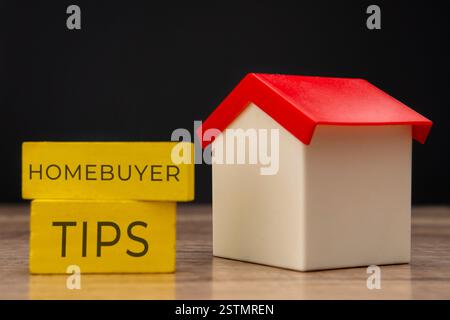 Blocchi di legno con le parole "SUGGERIMENTI HOMEBUYER" e una piccola casa giocattolo, proprietà immobiliari e concetto di proprietà. Foto Stock