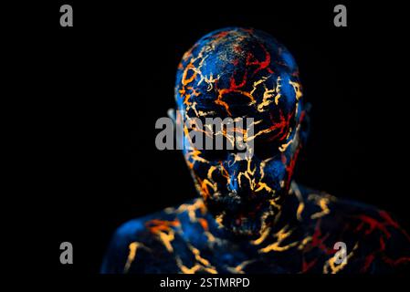 Il volto di un uomo dipinto al neon UV Lava Foto Stock
