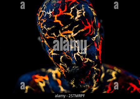 Il volto di un uomo dipinto al neon UV Lava Foto Stock