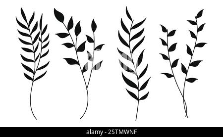 Una collezione di silhouette floreali disegnate a mano con vari fiori e foglie. Perfetto per design a tema naturale, branding, tessuti, a. Illustrazione Vettoriale