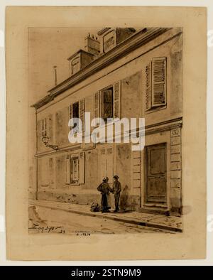 Disegno di un uomo e di una donna che discutono sul marciapiede, catturato da Maurice Emmanuel Lansyer il 19 maggio 1889. Il pezzo si concentra su una conversazione tra due persone in un ambiente urbano all'aperto, evidenziando l'interazione sociale a Parigi. Foto Stock