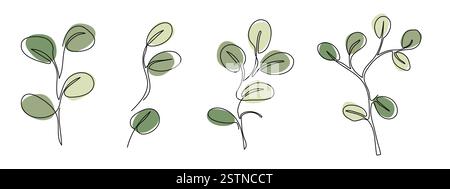 Set di rami di eucalipto in moderno stile artistico a linea singola. Disegno a linee continue, contorno estetico per arredamento, poster, arte murale, imballaggio. F Illustrazione Vettoriale