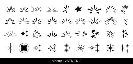 Una collezione di scintille disegnate a mano, raggi e linee di esplosione decorative. Perfetto per festeggiamenti, momenti salienti, effetti comici e festività Illustrazione Vettoriale