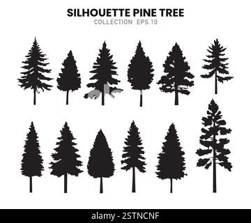 Silhouette ad albero sempreverdi di alta qualità, ideali per il branding, i logo e i progetti a tema outdoor. Illustrazione Vettoriale