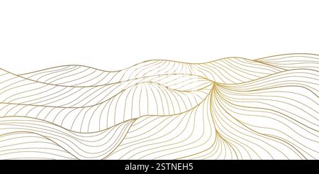 Arte minimalista con linea d'oro che raffigura un paesaggio montano con contorni fluenti. Un mix perfetto di eleganza vintage e semplicità moderna, ideale per lu Illustrazione Vettoriale