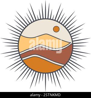 Deserto vintage retrò con l'icona del sole. Adesivo Ramadan Mubarak con design retrò, luce del sole e deserto Illustrazione Vettoriale