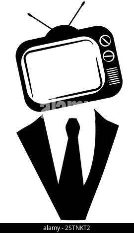 Uomo d'affari con una tv per la testa, rappresentazione della propaganda televisiva, concetto di propaganda politica televisiva. Illustrazione Vettoriale