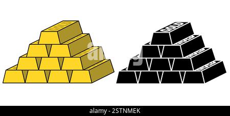 Pila di barre dorate, barre in metallo prezioso di colore e silhouette nera isolata su sfondo bianco Illustrazione Vettoriale
