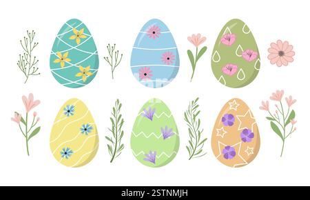 Collezione di uova di Pasqua floreali con elementi decorativi primaverili, Clipart natalizio per l'artigianato e progetti di design Illustrazione Vettoriale