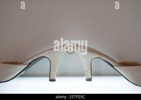Primo piano di scarpe da sposa con fedi nuziali. A simboleggiare l'amore e l'impegno, questi eleganti tacchi e fasce dorate catturano l'essenza di un matrimonio ce Foto Stock
