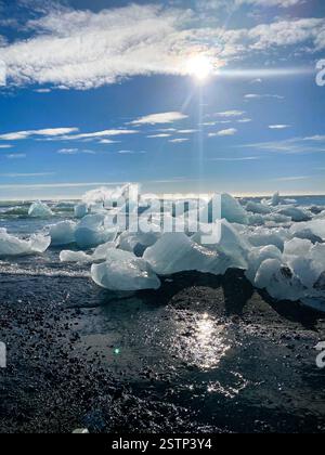La foto cattura una splendida scena costiera con una collezione di iceberg sparsi su una spiaggia scura e ciottolosa Foto Stock