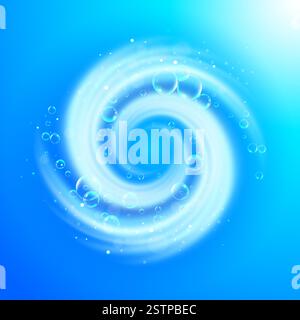 Effetto lavaggio e pulizia. Vortice blu rotante con bolle d'aria. Spirale per bucato in movimento. Effetto vettoriale su sfondo trasparente. Illustrazione Vettoriale