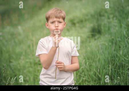 Ritratto di un bel ragazzo con il tarassaco. Foto Stock