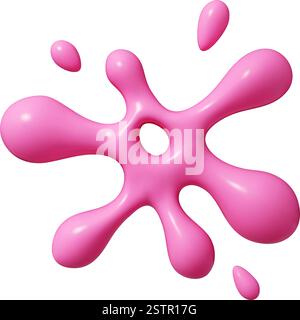 Forma liquida astratta 3d rosa con estensioni arrotondate irradiate e goccioline sparse. Elemento blob vettoriale Illustrazione Vettoriale