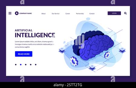 Illustrazione isometrica 3d vettoriale dell'intelligenza artificiale. Ruote dentate del cervello umano e del meccanismo. Scienza, ingegneria robotica, concetto di tecnologia del futuro Illustrazione Vettoriale