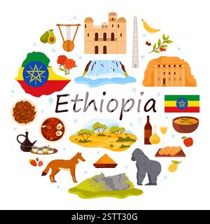 Elementi culturali etiopi e punti di riferimento dell'Etiopia, caffè, miele, vino e cibo in un banner infografico rotondo con titolo. Paesaggi di cascate, savana e montagne illustrazioni vettoriali Illustrazione Vettoriale