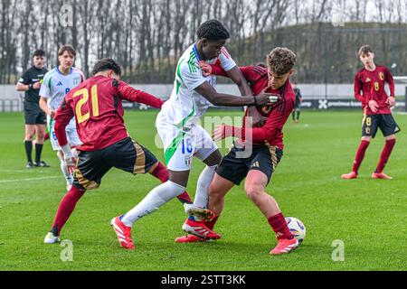 Tubeke, Belgio. 19 febbraio 2025. Baffoh Jeffrey (18) dell'Italia, Xavi Deraet (6) del Belgio, nella foto di mercoledì 19 febbraio 2025 a Tubeke, Belgio, durante una partita amichevole di calcio U16 tra Belgio e Italia. Crediti: Sportpix/Alamy Live News Foto Stock