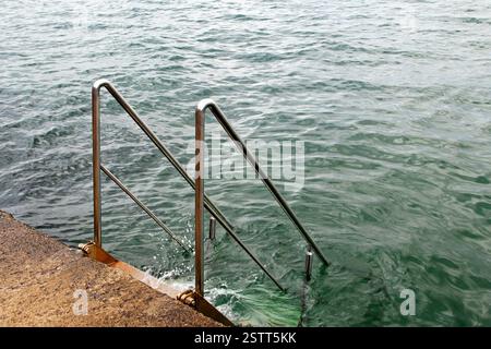 Scala metallica con corrimano per il mare Foto Stock