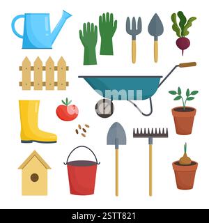 Set di attrezzi e attrezzature per il giardinaggio. Elementi di progettazione vettoriali isolati su sfondo bianco. Illustrazione Vettoriale
