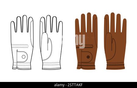 Guanti equestri cartoni animati marrone equitazione e bozzetto di mockup piatto accessorio moda indumenti per illustrazione tecnica. Vettoriale per uomo, donna, modello in stile unisex, contorno CAD Illustrazione Vettoriale
