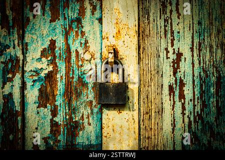 Bloccare su tavole di cancelli verniciate di blu Foto Stock