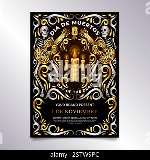 Dia de muertos Flyer, teschio di zucchero dorato con chitarra e decorazioni floreali messicane Illustrazione Vettoriale