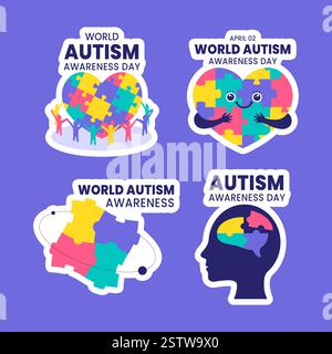 Modello di etichetta digitale giornata mondiale della consapevolezza dell'autismo con stile piatto di cartone animato Illustrazione Vettoriale