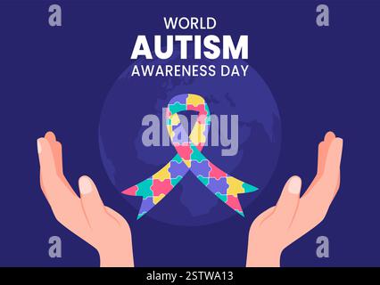 Modello di sfondo per i social media disegnato a mano su un fumetto piatto per la consapevolezza dell'autismo Illustrazione Vettoriale