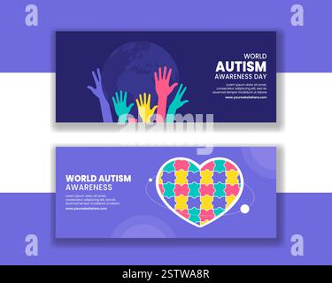 Modello per striscioni orizzontali a forma piatta disegnato a mano per il giorno della consapevolezza dell'autismo Illustrazione Vettoriale