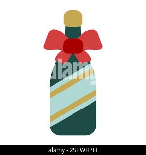 Bottiglia di champagne con icona a forma di fiocco. Semplice elemento di design per Natale, compleanno ed evento. Illustrazione Vettoriale
