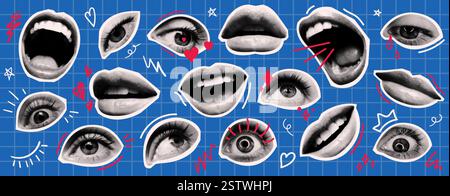 Collage retrò creativo con occhi e bocche espressivi in stile mezzitoni su sfondo a griglia blu Illustrazione Vettoriale