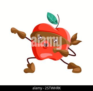 Vivace supereroe di mele rosse con maschera marrone, guanti e una posa sicura. Carattere fruttato carino e dinamico, ideale per promozioni alimentari salutari, chil Illustrazione Vettoriale