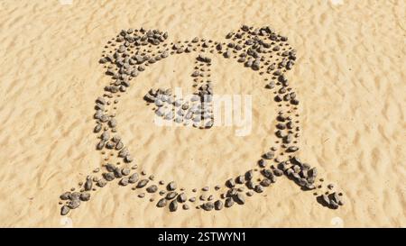 Concetti o pietre concettuali sulla sabbia della spiaggia, forma del simbolo fatto a mano, sfondo dorato, icona della sveglia. metafora dell'illustrazione 3d per il tempo Foto Stock
