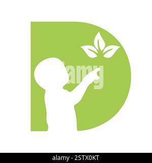 Lettera iniziale D Baby e simbolo foglia Eco per la progettazione del logo dei tipi Illustrazione Vettoriale