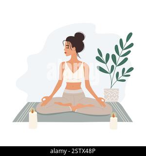 Donna sportiva che medita in posa yoga, illustrazione Flat Vector Illustrazione Vettoriale