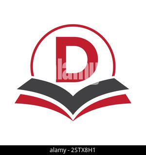 Logo Education sulla lettera D con simbolo del libro per la progettazione di modelli di logo Academy e Graduation Illustrazione Vettoriale