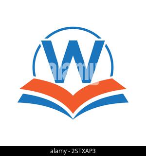 Logo Education su lettera W con simbolo del libro per la progettazione di modelli di logo Academy e Graduation Illustrazione Vettoriale