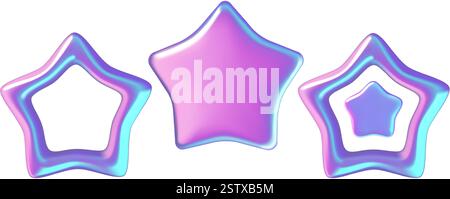 Set di adesivi 3d Stars iridescenti viola e blu y2k Illustrazione Vettoriale
