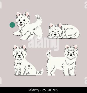 West Highland White Terrier Vector Illustration quattro pose di un simpatico Westie Dog, che gioca, seduto, dorme e in piedi in un design piatto minimalista Illustrazione Vettoriale