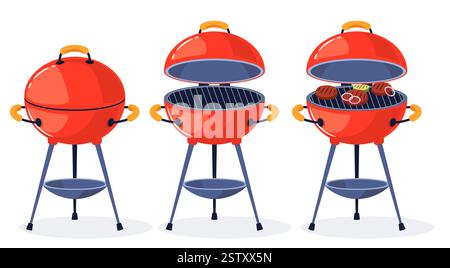 Set per barbecue. Coperchio del grill aperto e chiuso, attrezzatura da cucina all'aperto. Grigliate. Carne e verdura su scaffale, carboni in fiamme. Appartamento cartoni animati Illustrazione Vettoriale