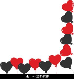 Palloncini rossi e neri a forma di cuore sulla corda angolo bordo telaio messaggio di saluto spazio di copia idea modello. Illustrazione Vector isolata saluto di San Valentino o banner promozionale Web, opuscolo, prezzo, etichetta Illustrazione Vettoriale