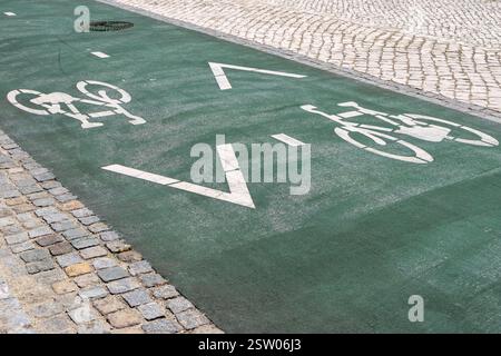 Pista ciclabile verde con segnaletica bianca dipinta su una superficie asfaltata accanto a una strada acciottolata che favorisce un trasporto urbano sostenibile Foto Stock