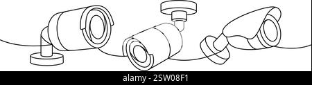 Telecamere CCTV disegno continuo su una linea. Sistema di sicurezza esterno. Illustrazione vettoriale. Illustrazione Vettoriale