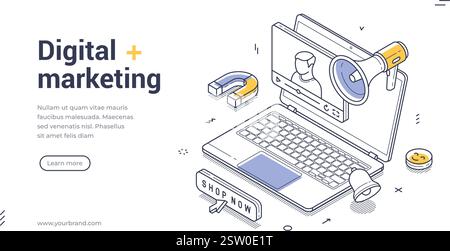 Marketing digitale moderno modello isometrico di banner Web line art. Laptop che presenta un'interfaccia per lo shopping online con elementi come un megafono e un mag Illustrazione Vettoriale