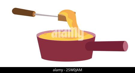 Fonduta di formaggio fuso caldo in pentola. Cibo e cucina tradizionale. Simboli e illustrazione vettoriale isolata su sfondo bianco. Illustrazione Vettoriale