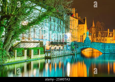 Daifel Canal e Meestraat Bridge nel quartiere storico di Bruges, patrimonio dell'umanità a Bruges di notte in Belgio Foto Stock