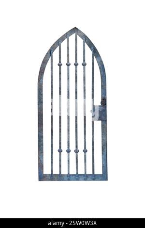 Porta medievale in metallo o cella del castello con barre di ferro e serratura sicura, isolata Foto Stock