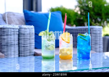 Rinfrescanti bevande estive con agrumi ed erbe aromatiche Foto Stock