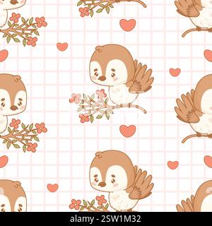 Motivo senza cuciture. Grazioso passero di uccello sul ramo in fiore su sfondo bianco rosa a scacchi con cuori. Divertente e romantico personaggio kawaii dei cartoni animati Illustrazione Vettoriale
